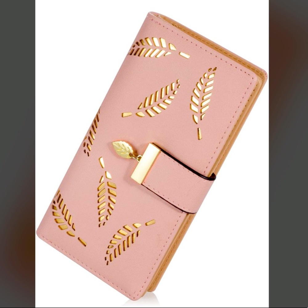 Pink wallet with gold feathers